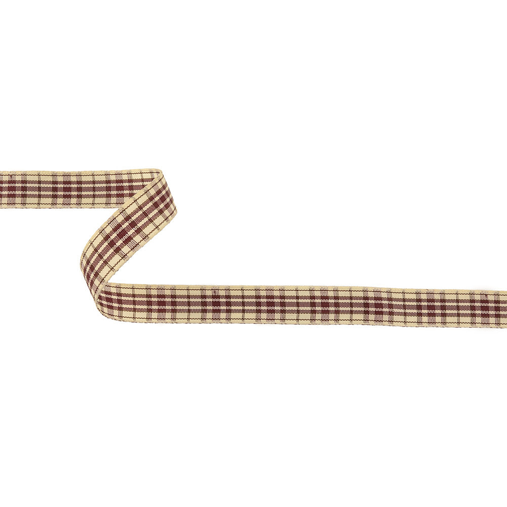 Burgundy, Brown and Vanilla Ice Plaid Woven Ribbon - 0.625