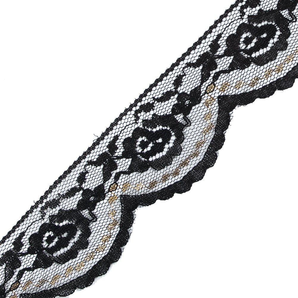 Black and Metallic Gold Scallop Edge Lace Trim - 2