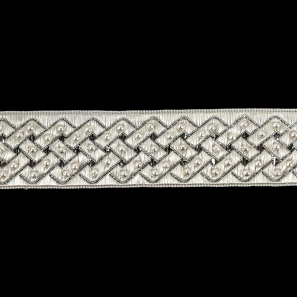 Vintage White and Silver Lurex and Rayon Blend Beaded Ribbon - 1