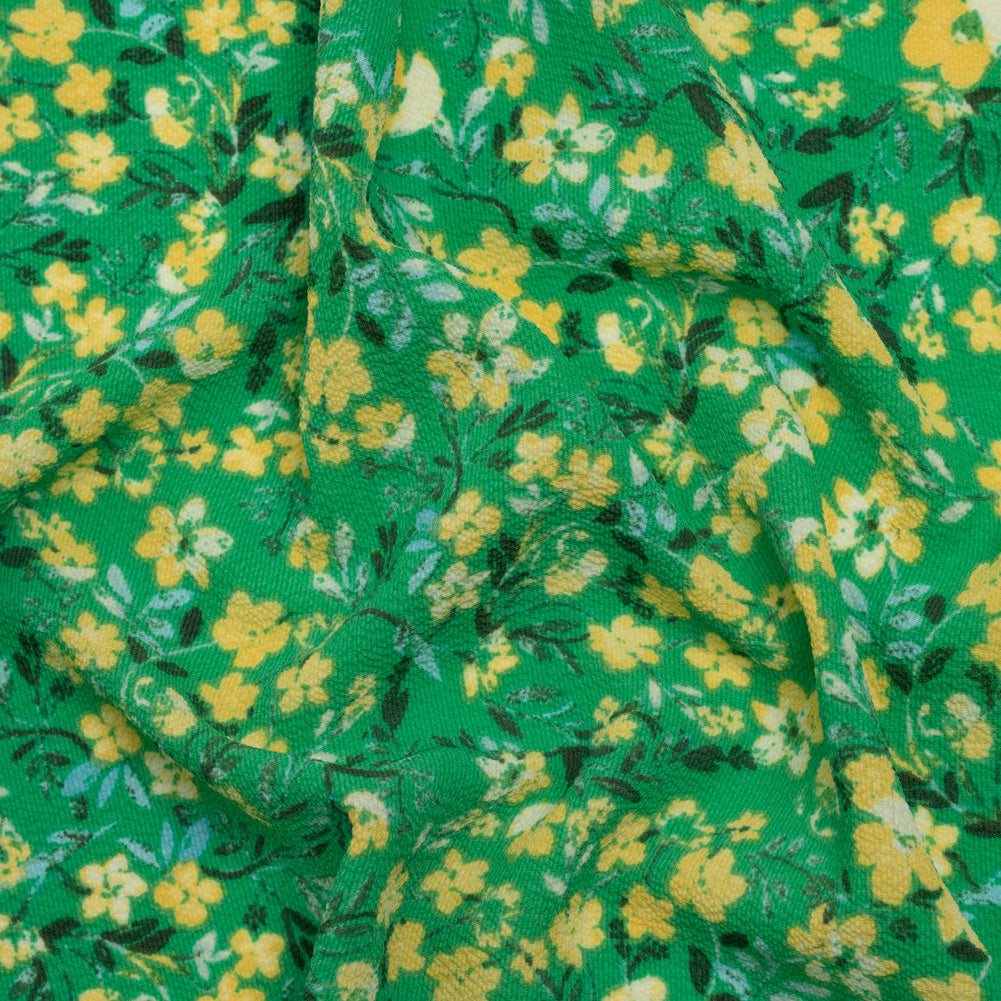 Puckered Polyester Crepe - Kelly Green and Yellow Floral - Designer Deadstock - Joann Fabrics