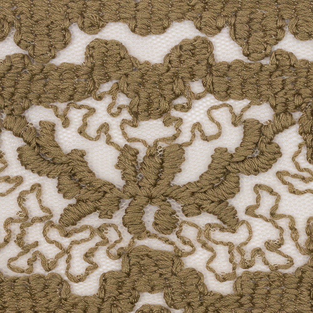 Olive Brown and Beige Abstract Floral Embroidered Lace Trim - 7