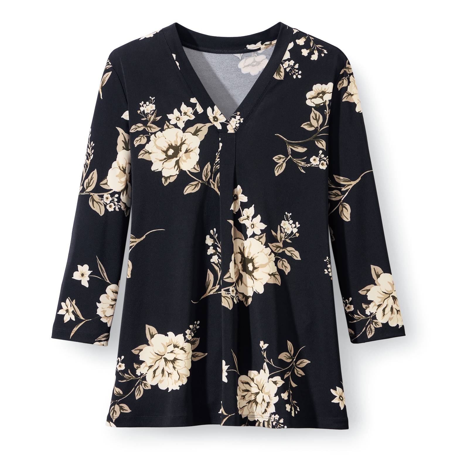 Floral Knit Crepe V-Neck Popover Top, Front Pleat, 3/4 Sleeves - Northstyle Catalog