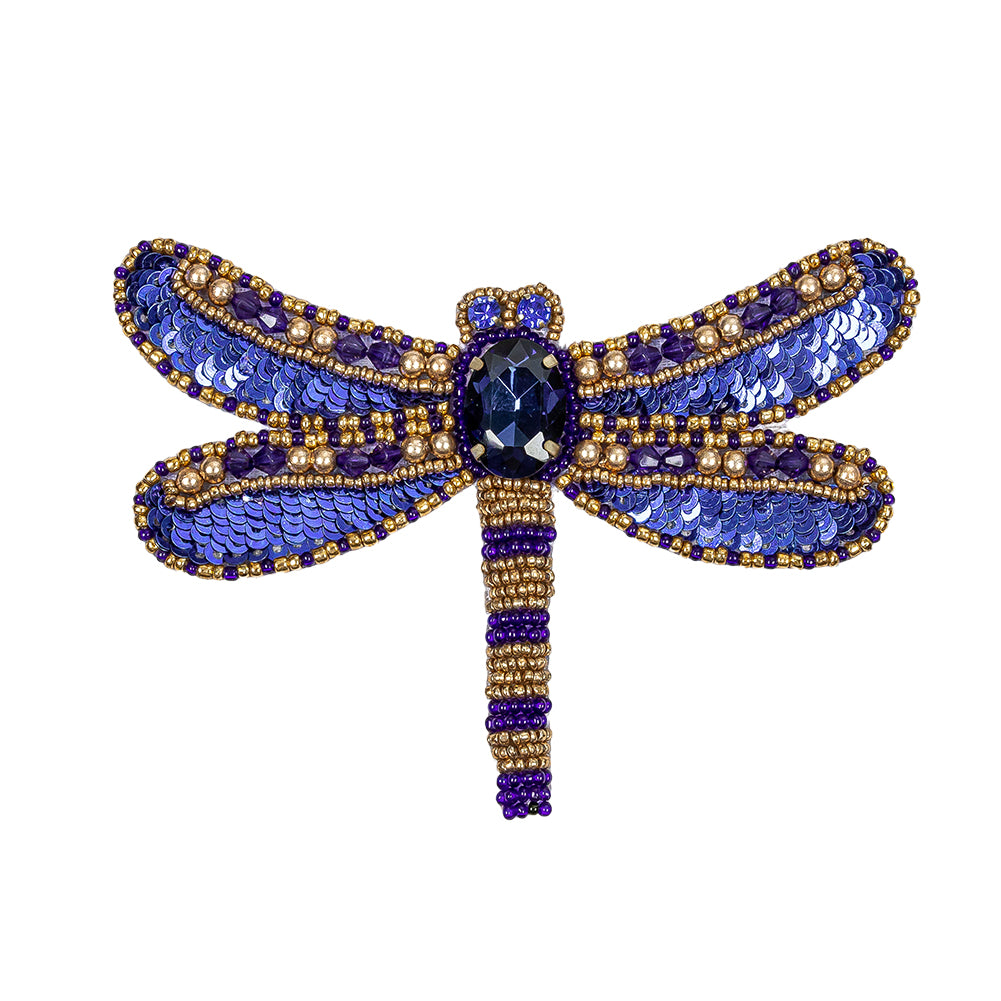 Magnetic Blue and Gold Dragonfly Rhinestone and Glass Beaded Applique - 2.75