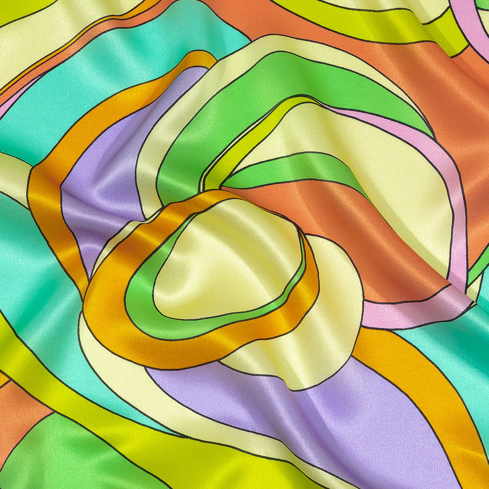 Italian Beige, Turquoise and Coral Abstract Flow Silk Charmeuse - Joann Fabrics