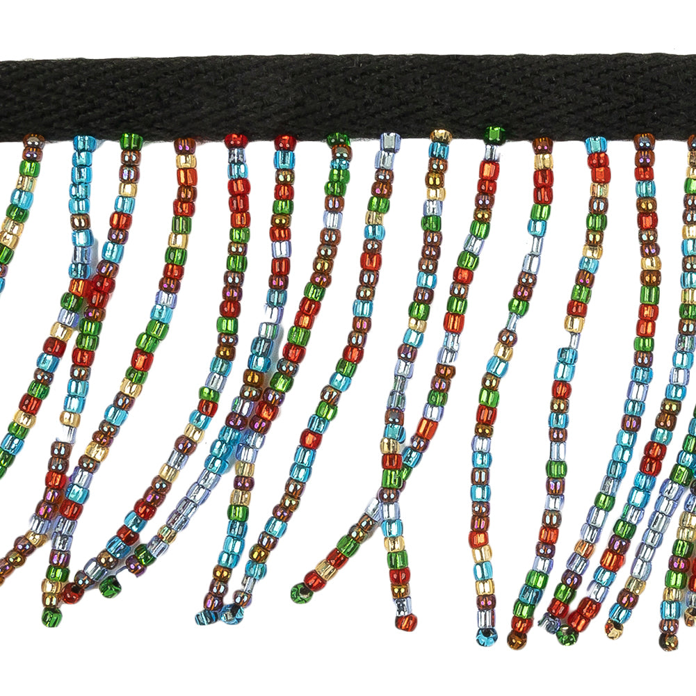 Vintage Multicolored and Black Seed Beaded Chainette Fringe - 2
