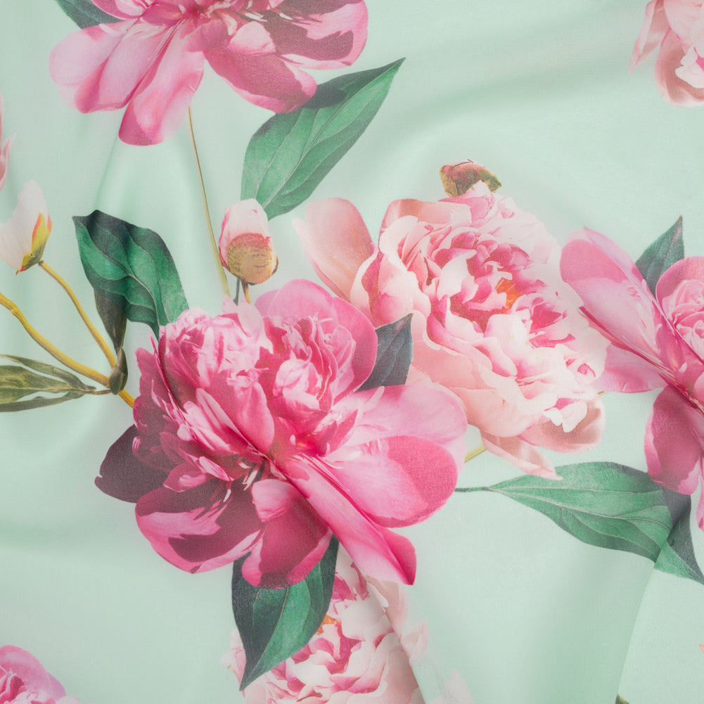 Polyester Chiffon Print - Seafoam, Magenta and Green Roses - Designer Deadstock - Joann Fabrics
