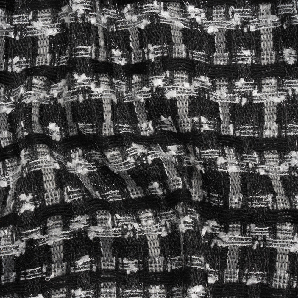 Wool Blend Tweed with Metallic Eyelash Fringe - Black and White Plaid - Deadstock - Joann Fabrics