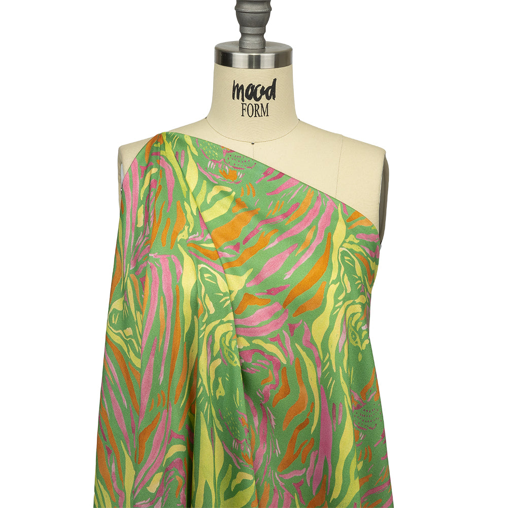 Rayon Challis - Green and Pink Tiger Stripes - Rainforest Refreshment Print - Mood Exclusive Citrus Collection - Joann Fabrics