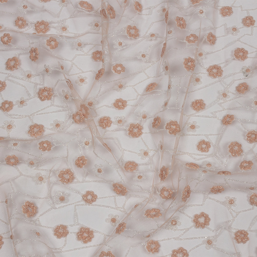 3D Puffy Glitter Tulle - Powder Pink and White Flowers and Geometric Stems - Joann Fabrics