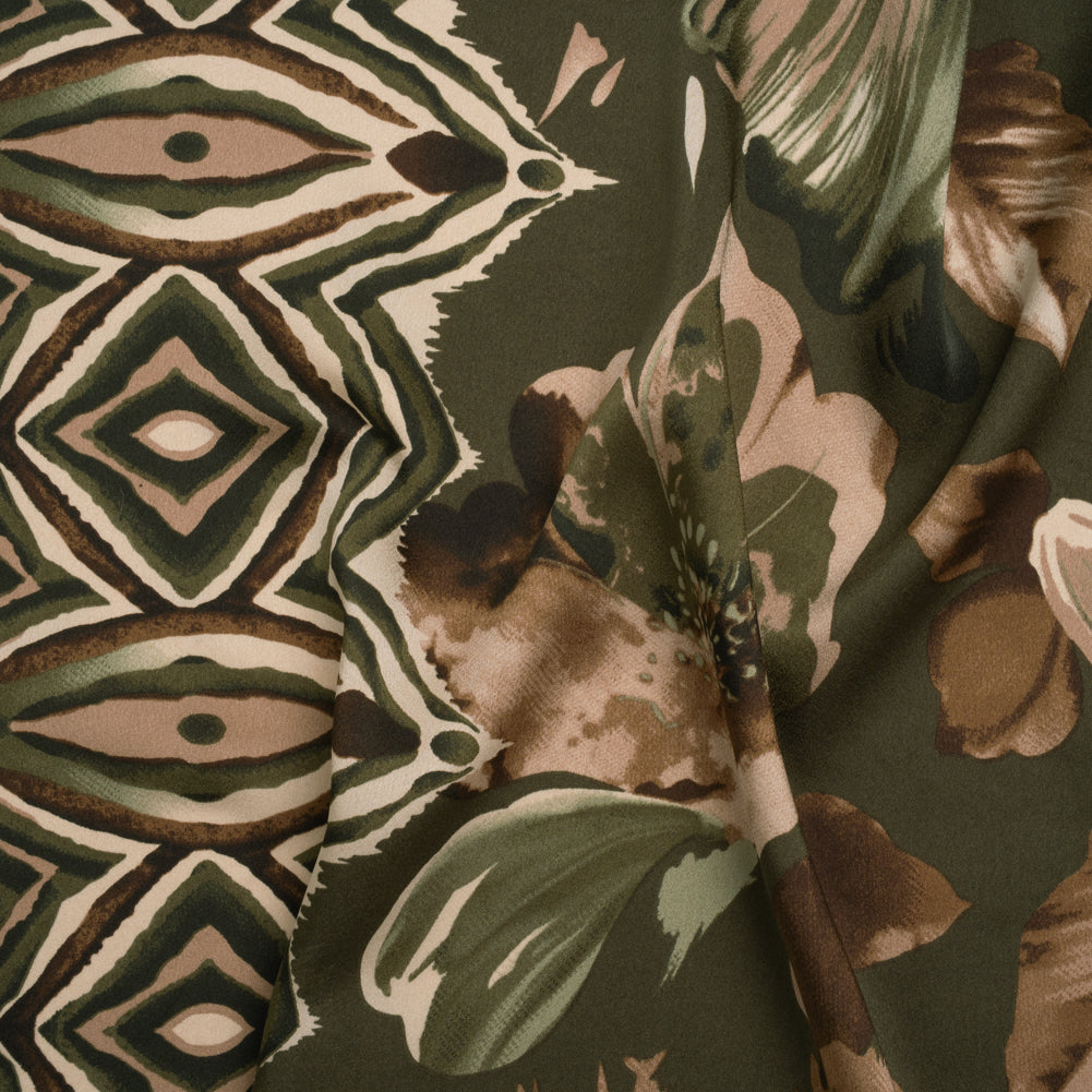Polyester Charmeuse Print - Dark Olive, Brown and Beige Floral with Abstract Borders - Designer Deadstock - Joann Fabrics