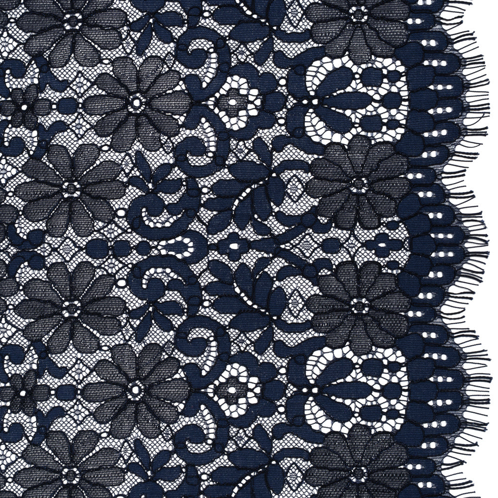 Rayon and Nylon Corded Lace with Scalloped Finished Edges - Navy Blue Flower and Dot Stripes - Joann Fabrics