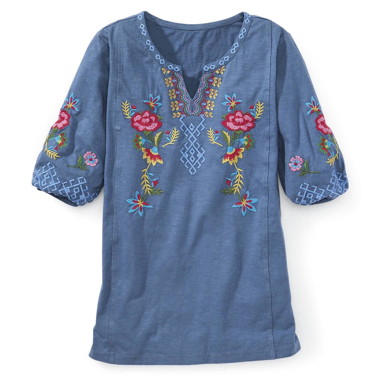 Embroidered Cotton Peasant Top, Notched Neck, Elbow Sleeves - Northstyle Catalog