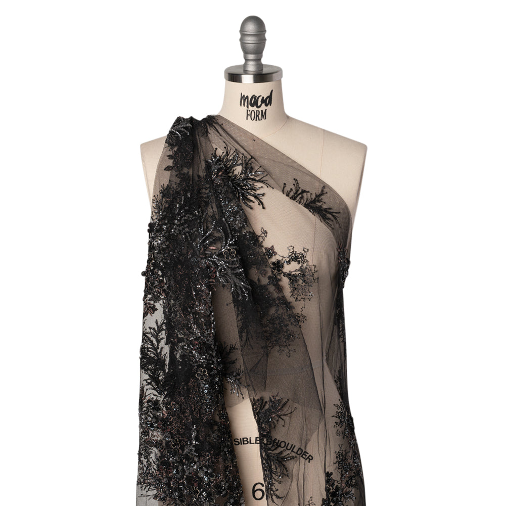 Beaded and Embroidered Tulle with 3D Appliques - Black and Bronze Fanciful Floral Sprays - Joann Fabrics