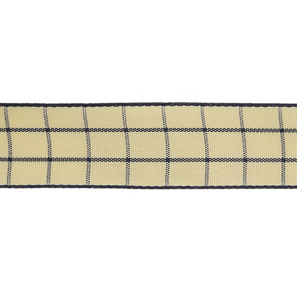 Navy and Ethereal Green Windowpane Check Woven Ribbon - 1