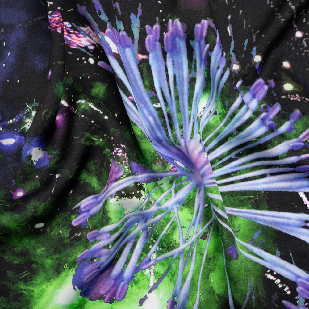 Sustainable and Recycled Viscose Satin Print - Purple, Black and Green Fireworks and Flowers - Mood Exclusive Mirrored in Nature - Joann Fabrics