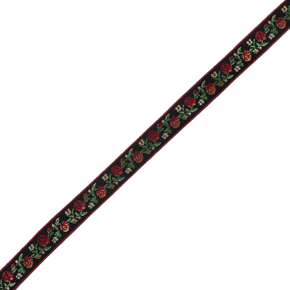 Red, Green and Black Floral German Jacquard Ribbon - 0.625