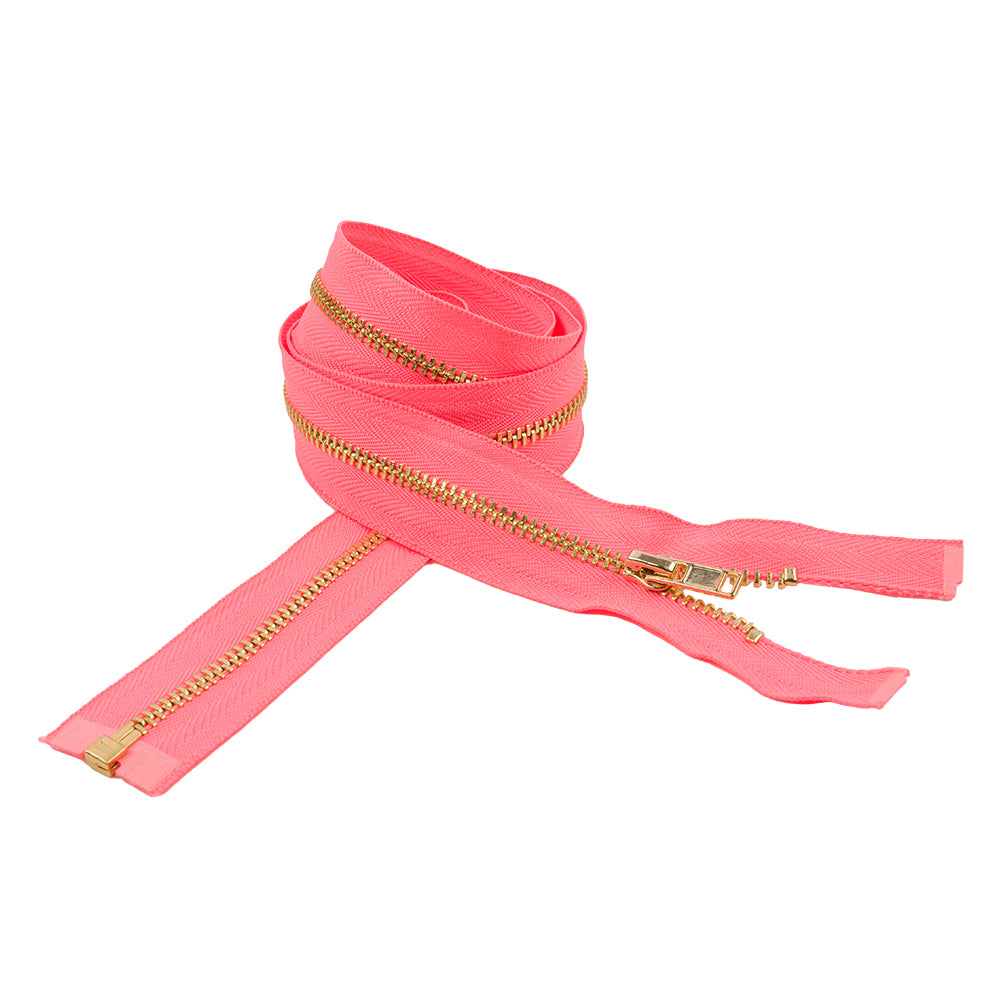 Neon Coral and Gold T3 Open End Metal Zipper - 36