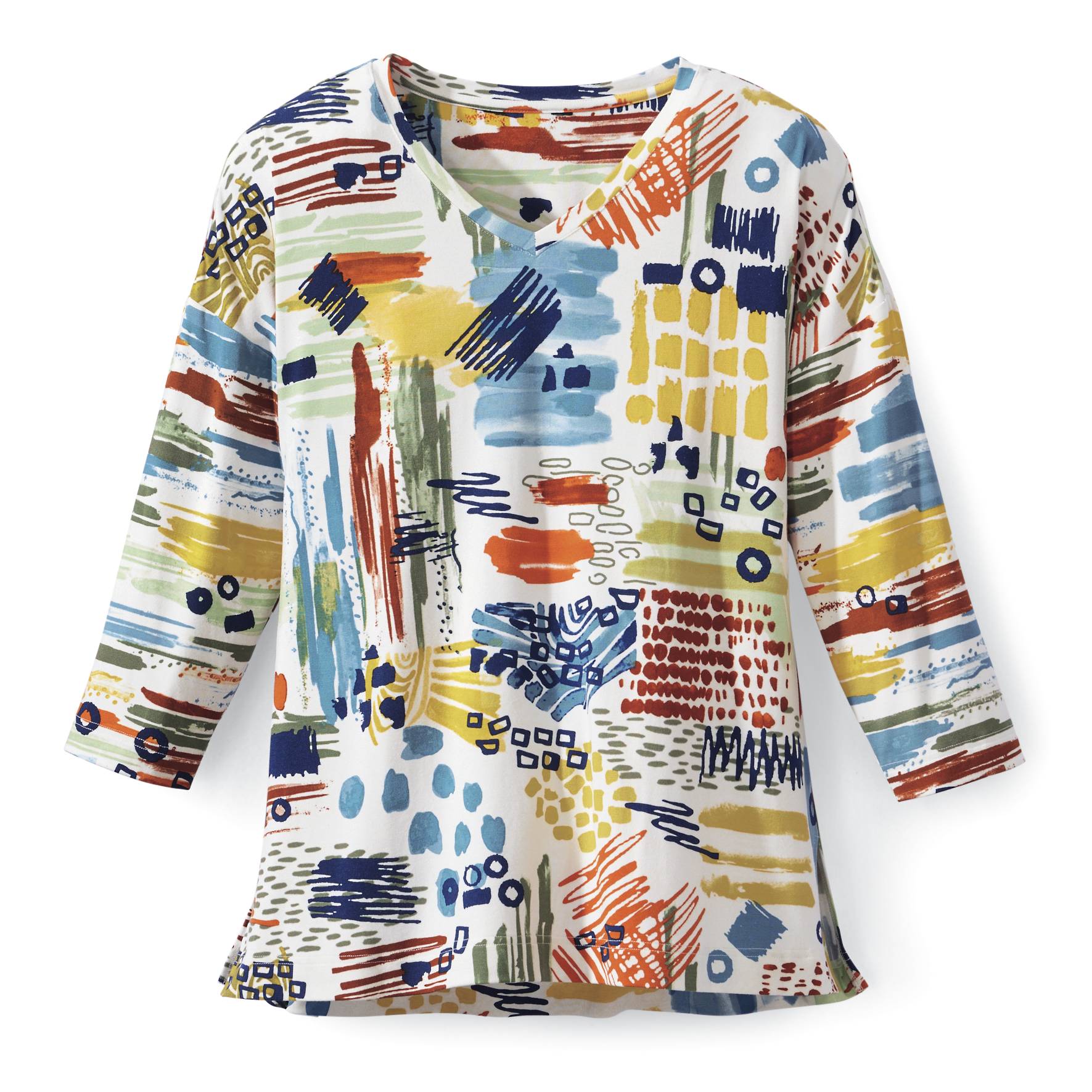 Abstract Knit Top, V-Neck, 3/4 Sleeves, Side Slits - Northstyle Catalog