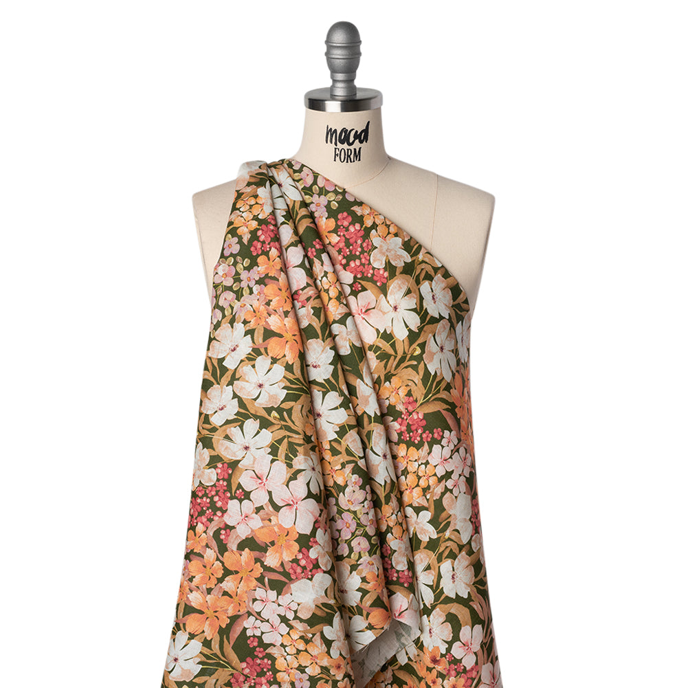 Medium Weight Linen Woven Print - Dark Sage, Pink and Creamsicle Floral - Joann Fabrics