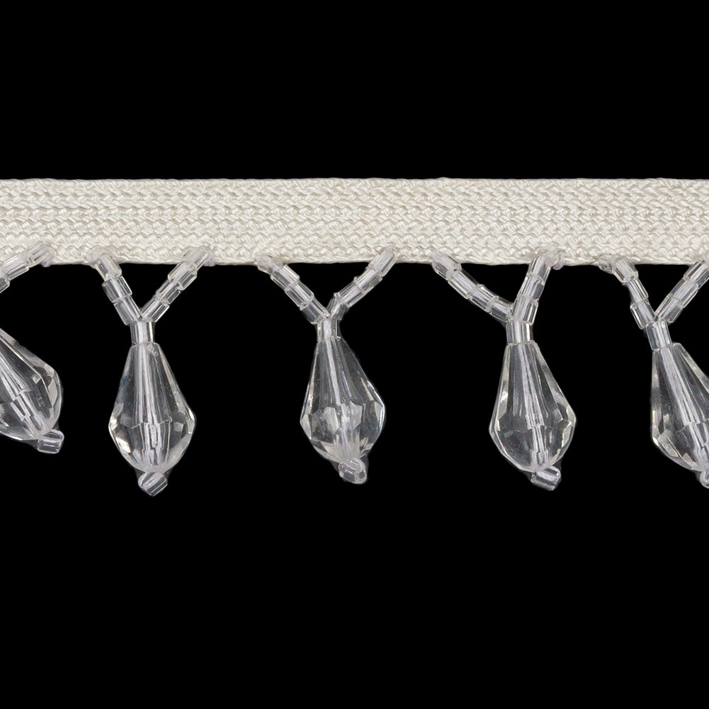 Vintage Crystal Small Faceted Teardrops and Seed Beaded Fringe Trim on Ivory Tape - 1.25