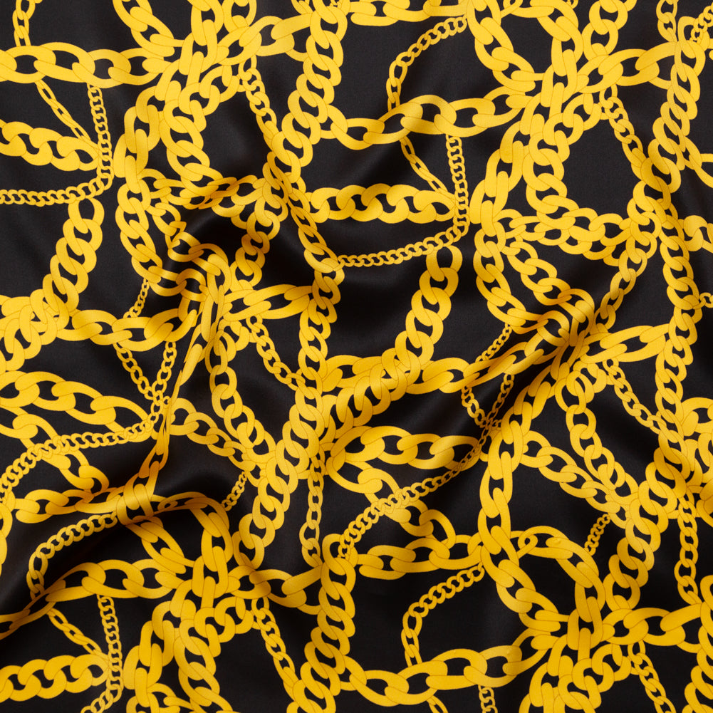 Mood Exclusive Italian Black and Gold Chains Digitally Printed Silk Charmeuse - Joann Fabrics