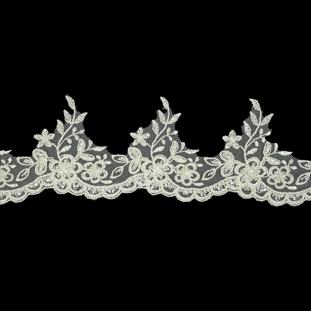 Off White Floral Beaded and Corded Scalloped Bridal Lace Trim - 3.5