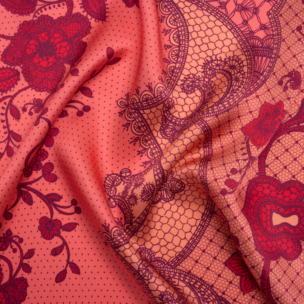 Silk Charmeuse Print 16MM, Made in Italy - Rose, Hot Pink and Dark Red Lockets and Lace - Joann Fabrics