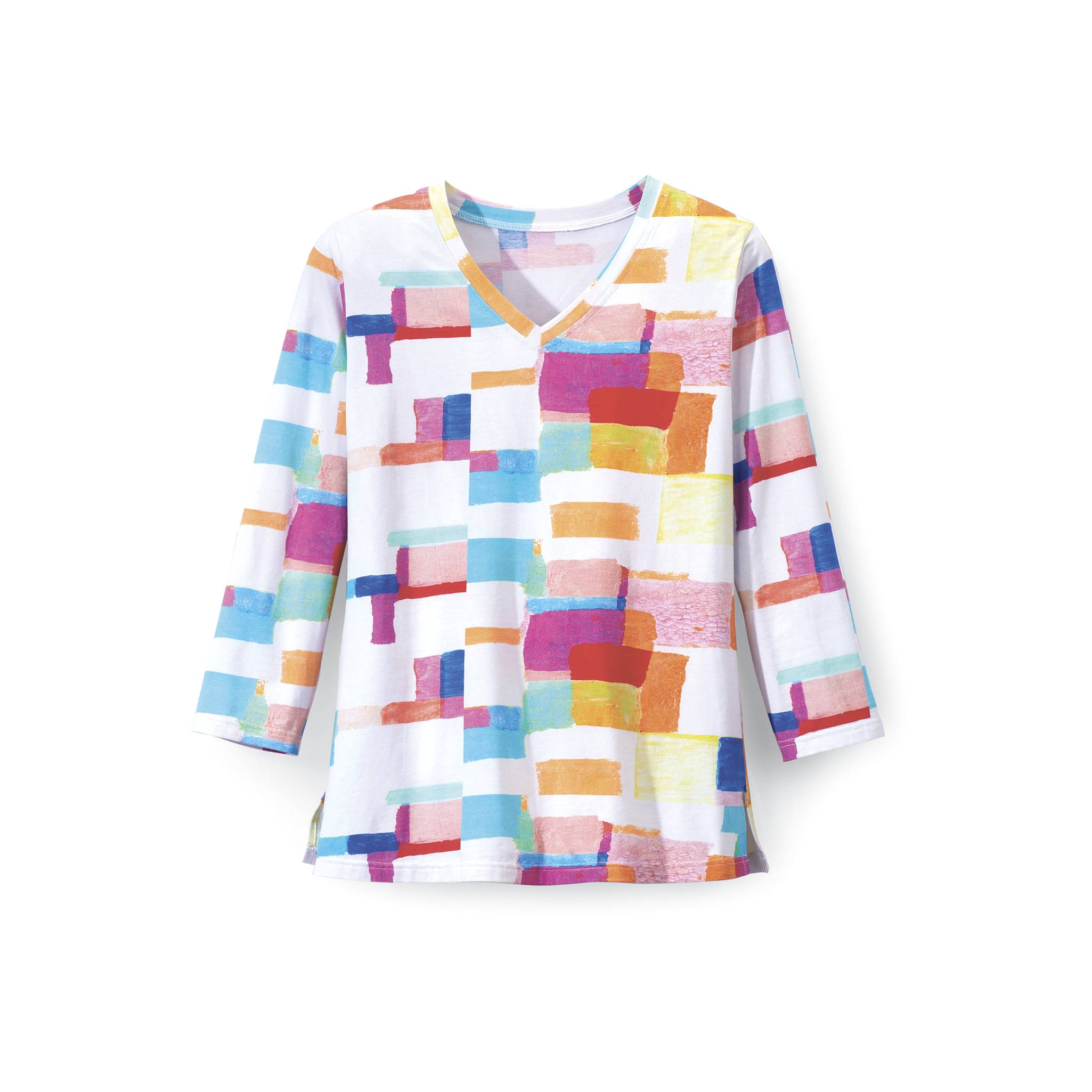 Abstract Geo-Print Knit Top, V-Neck, 3/4 Sleeves, Side Slits - Northstyle Catalog