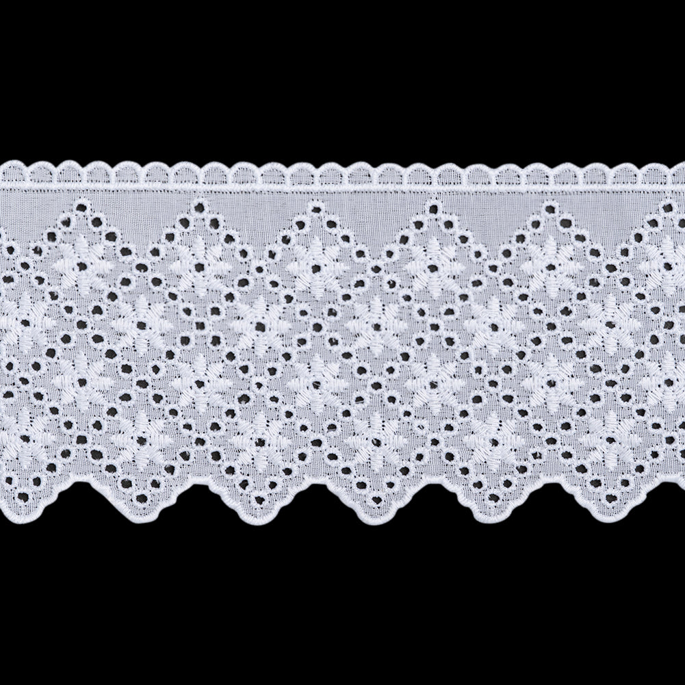 Cotton and Polyester Embroidered Eyelet Lace Trim with Scalloped Edges - 3.25