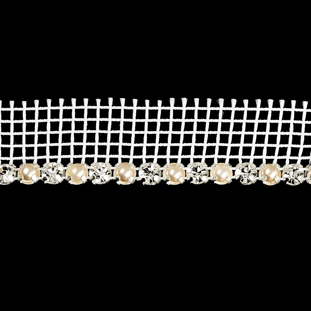 Vintage Crystal, Silver and Faux Pearl 1 Row Circular Rhinestones on White Mesh Trimming - 0.75