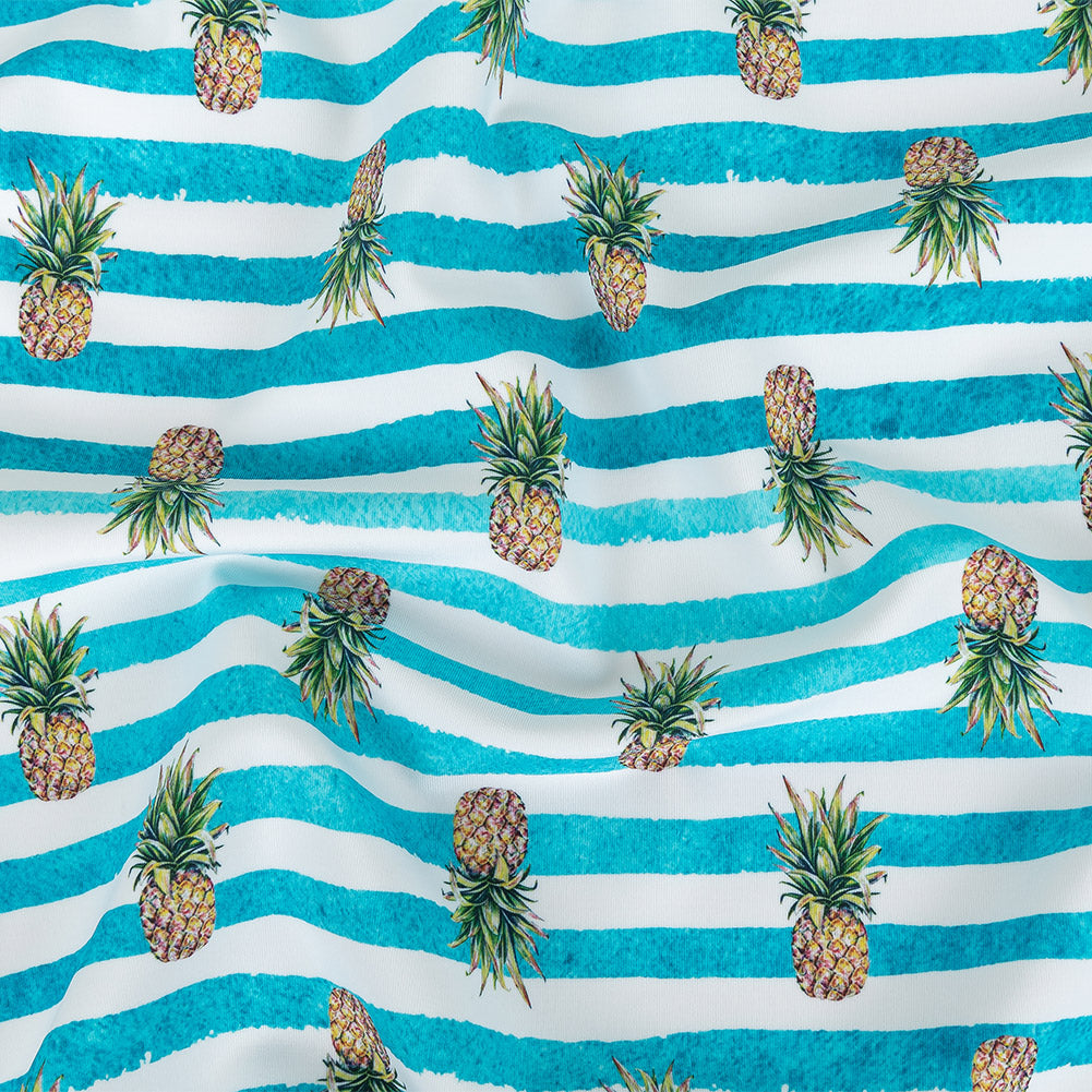 Compression Swimwear Tricot, UV Protective with Aloe Vera Microcapsules - Blue and White Painted Stripes and Pineapples - Caye Collection - Joann Fabrics