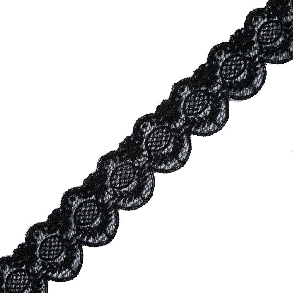 Black Scallop-Edged Embroidered Mesh - 2.5