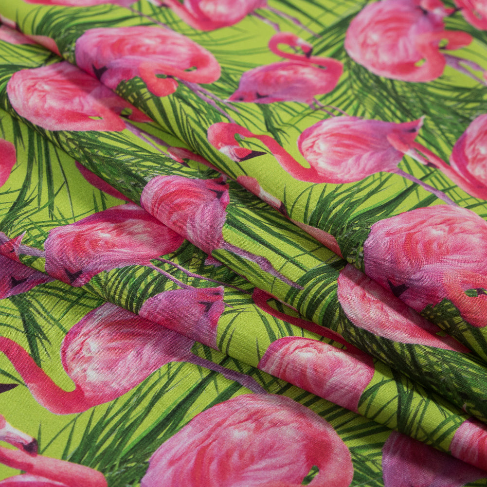 Organic Viscose Batiste - Pink and Green Flamingos and Palm Leaves - Joann Fabrics
