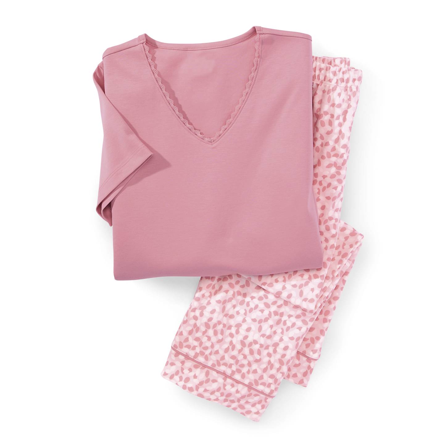 Peruvian Cotton Knit Petal-Print PJ Set, Lace-Trim V-Neck, Print Capris - Northstyle Catalog
