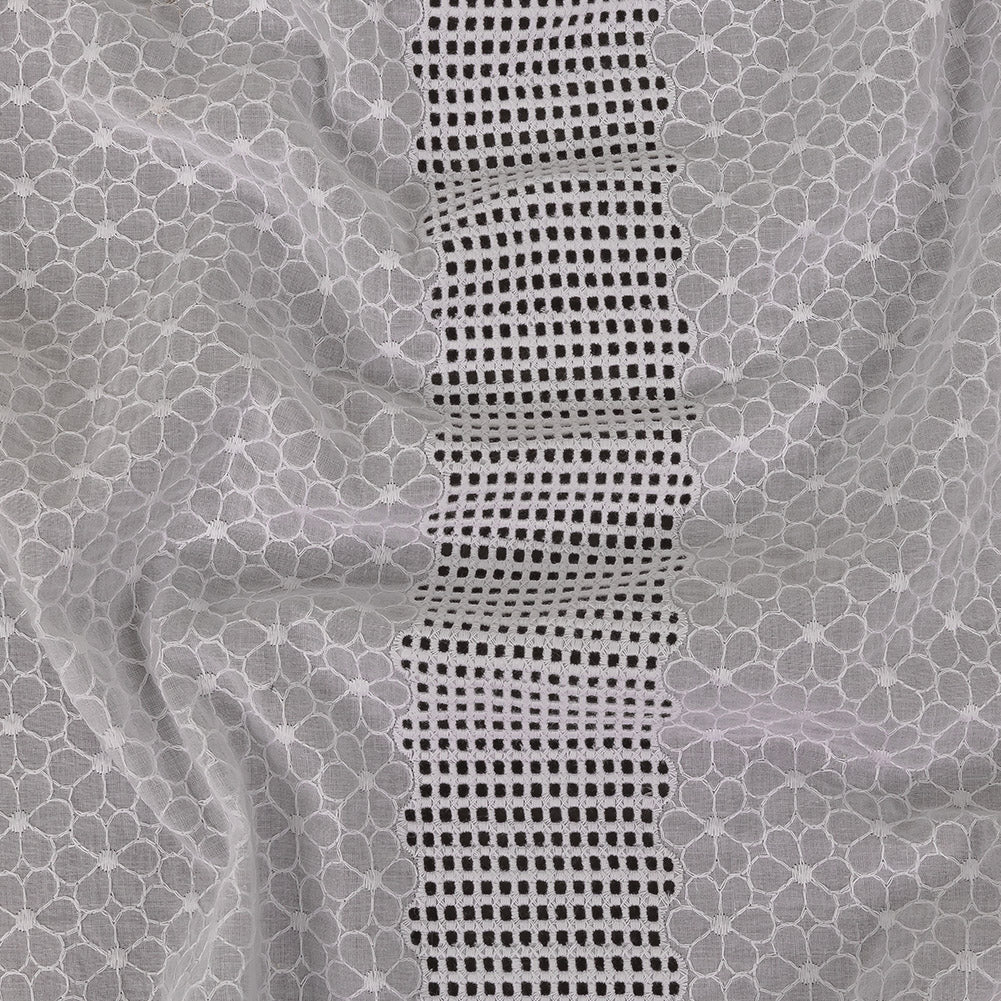 White Floral Embroidered Cotton Voile with Gridded Guipure Lace Stripes - Joann Fabrics