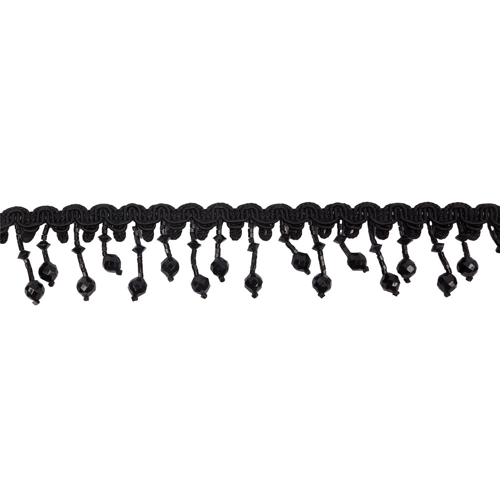 Vintage Black Faceted and Seed Beaded Fringe on Black Braid - 1.5