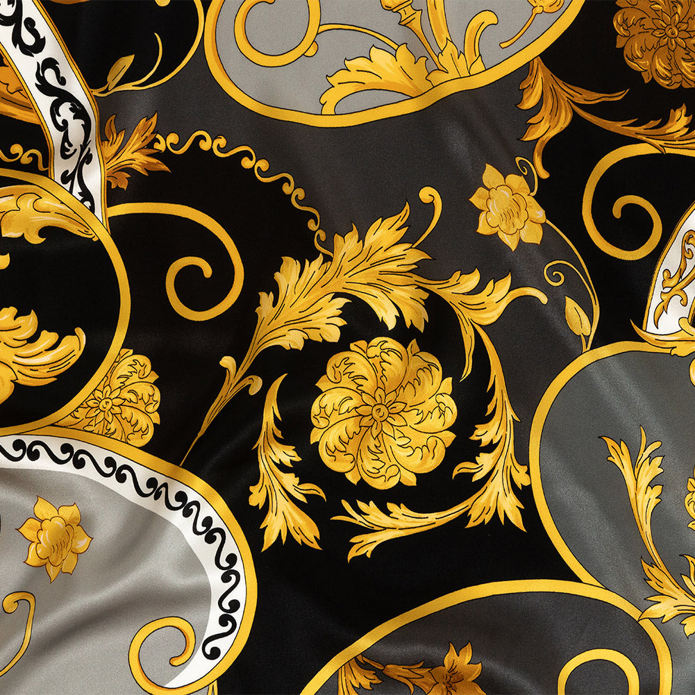 Mood Exclusive Italian Black, Gold and Gunmetal Ornate Digitally Printed Silk Charmeuse - Joann Fabrics