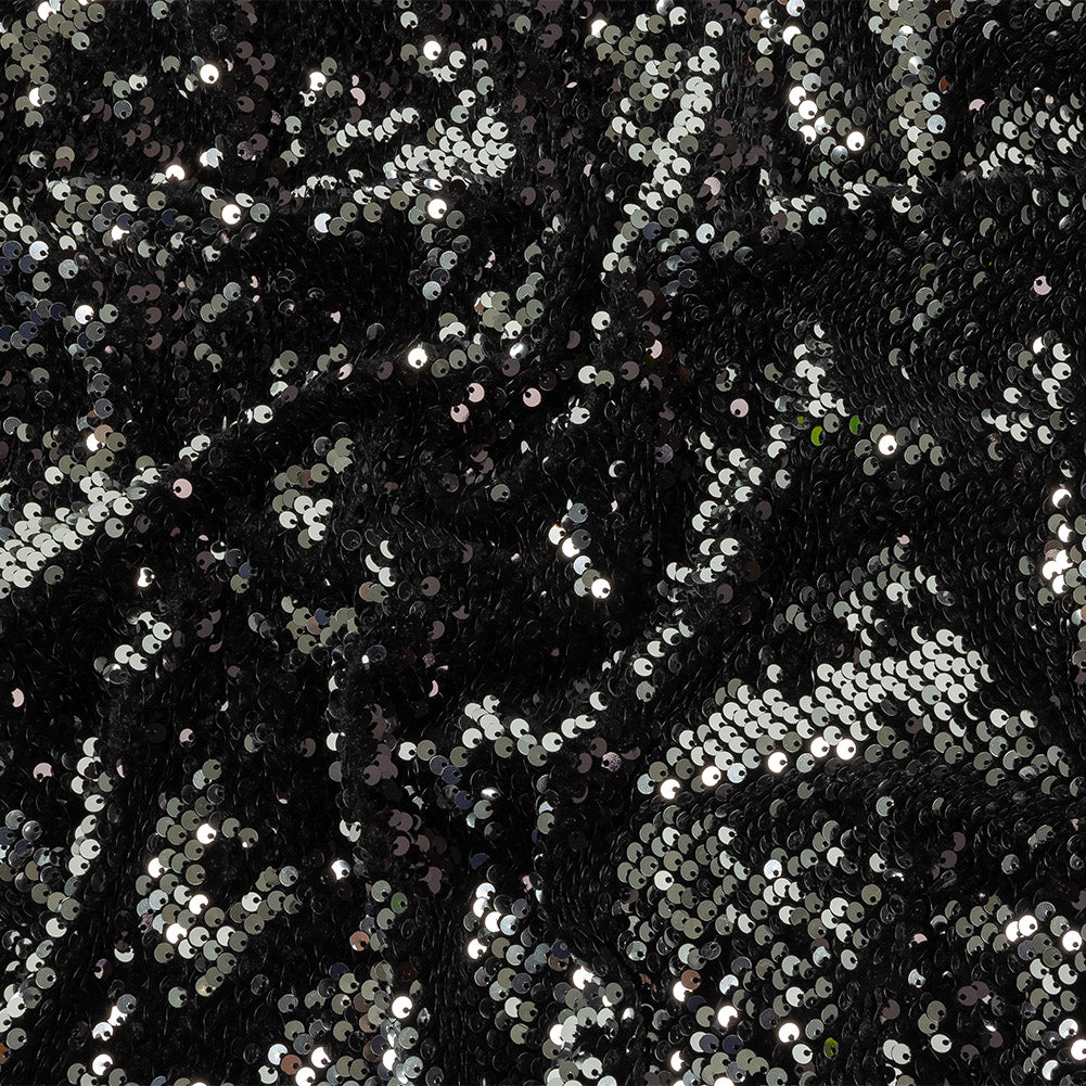 Milly Italian Black and Reflective Silver Paillette Sequins on Black Stretch Velour - Joann Fabrics