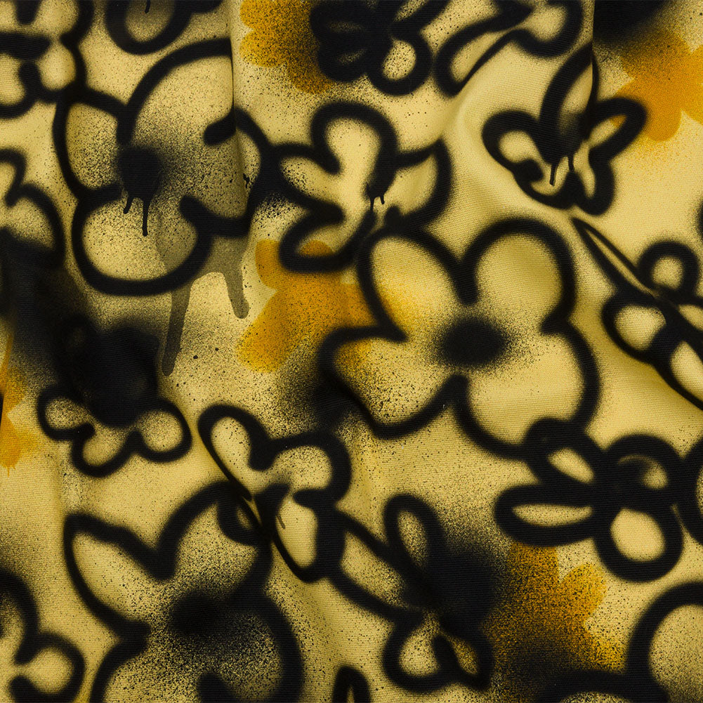 Stretch Cotton Canvas Print - Yellow and Black Spraypaint Floral - Mood Exclusive Street Sketch - Joann Fabrics