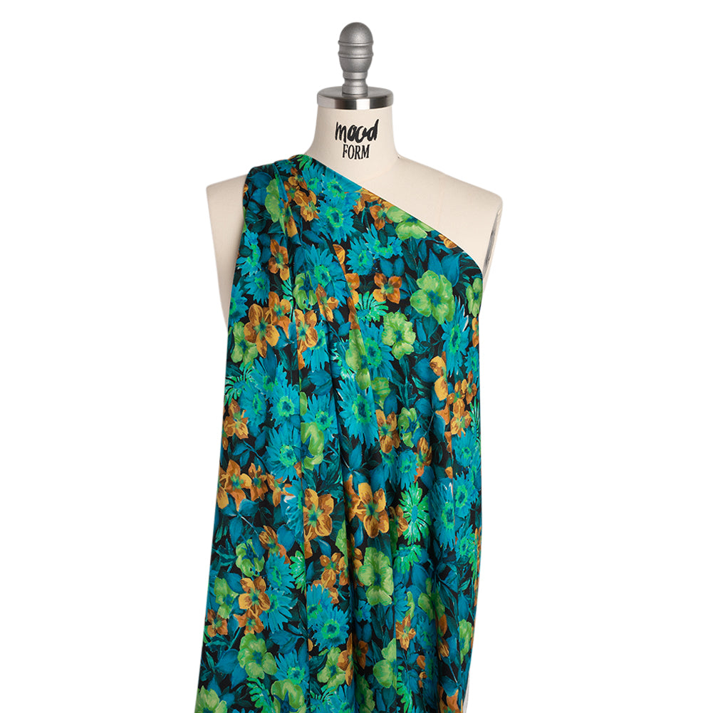 Rayon Challis - Blue, Green and Gold Painted Flowers - Mood Exclusive Watercolor Wonderland Print - Joann Fabrics