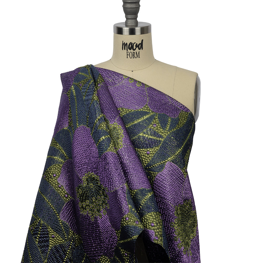 Metallic Navy, Lime and Lavender Tropical Flowers Luxury Brocade - Joann Fabrics