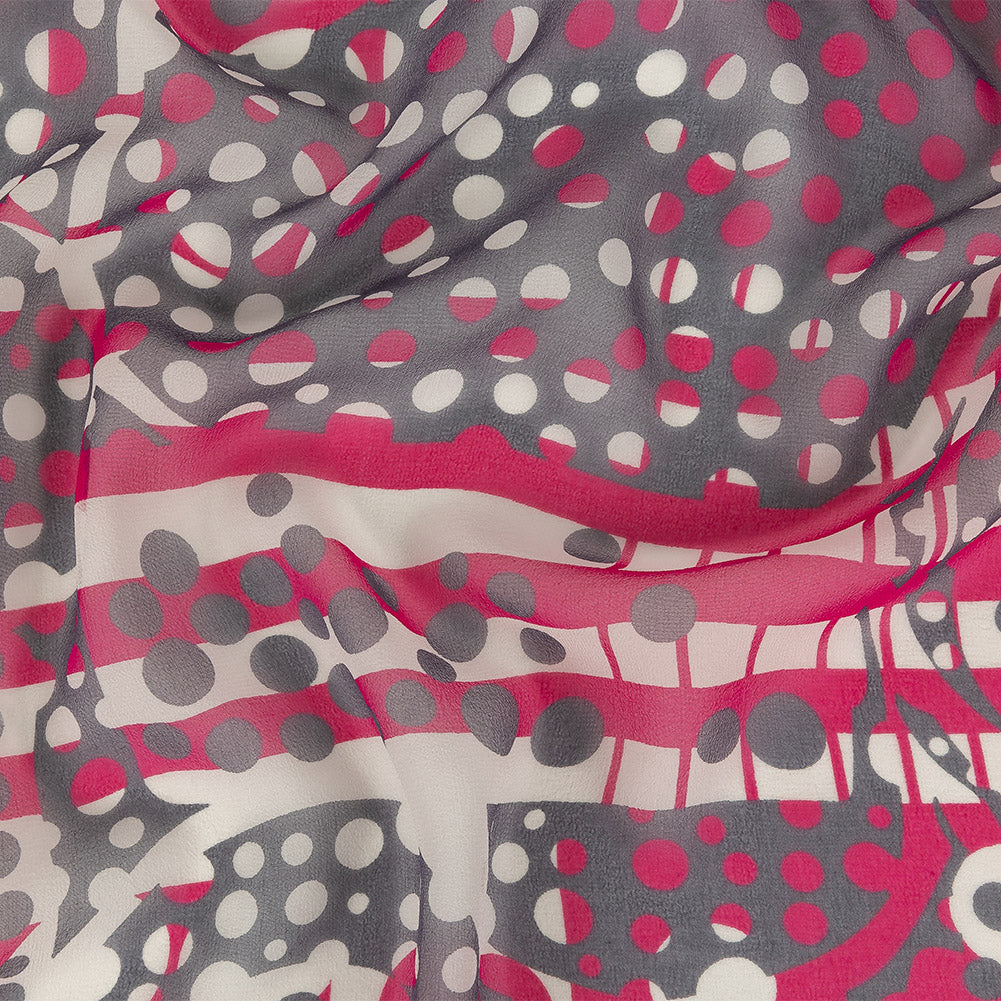 Fuchsia, Gray and White Circles and Stripes Silk Chiffon - Joann Fabrics