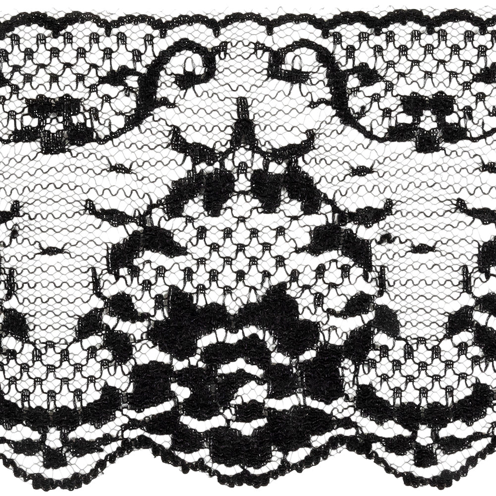 Black Floral Lace Trim with Scalloped Edges - 3.25
