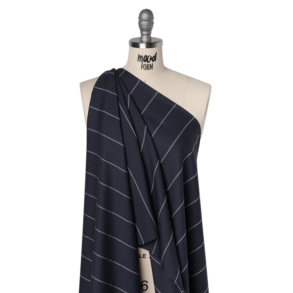 Virgin Wool Blend Suiting Made in Italy - Navy Blue and White Chalk Stripes - Joann Fabrics