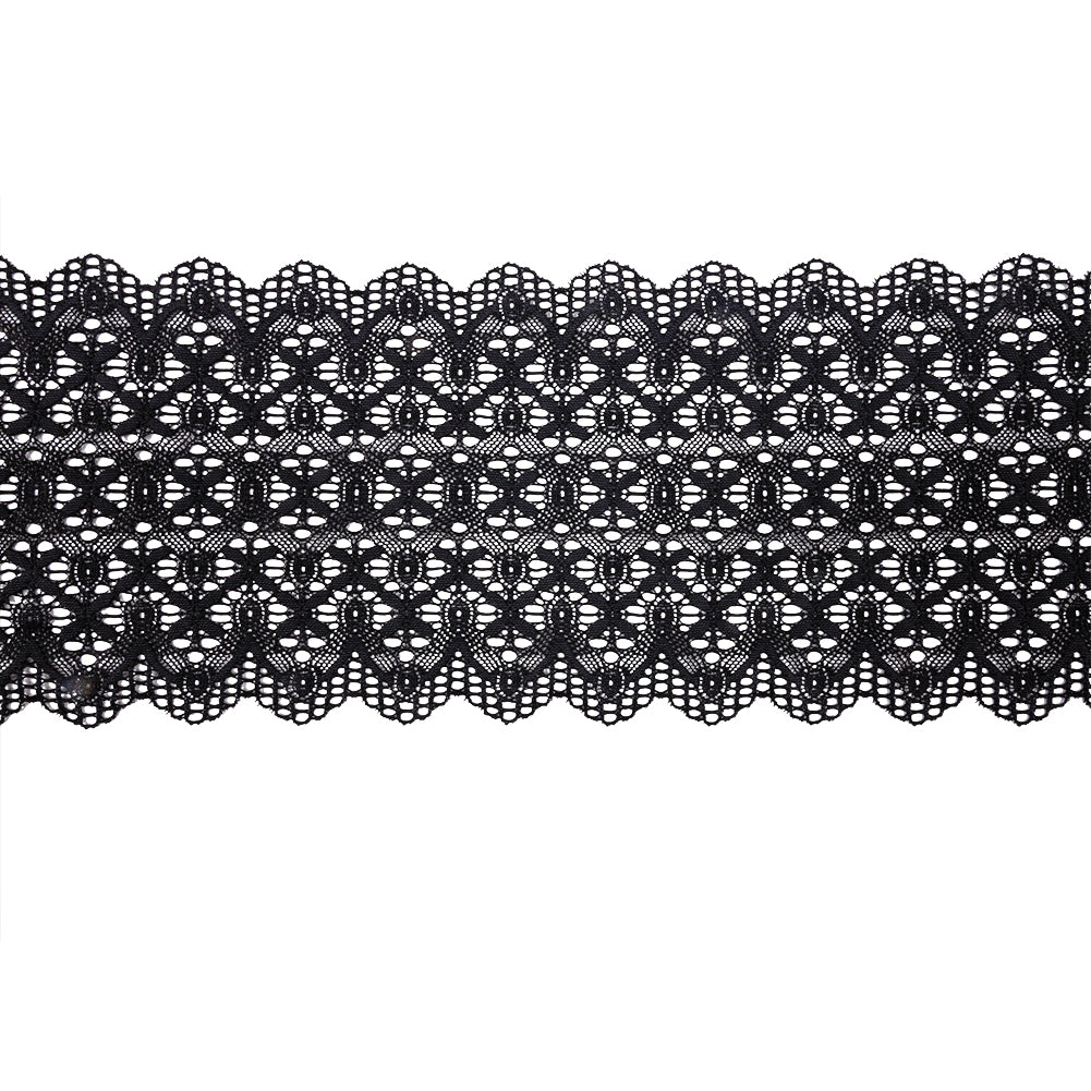 Midnight Crosses and Arches Stretch Lace Trim with Scalloped Edges - 6.5