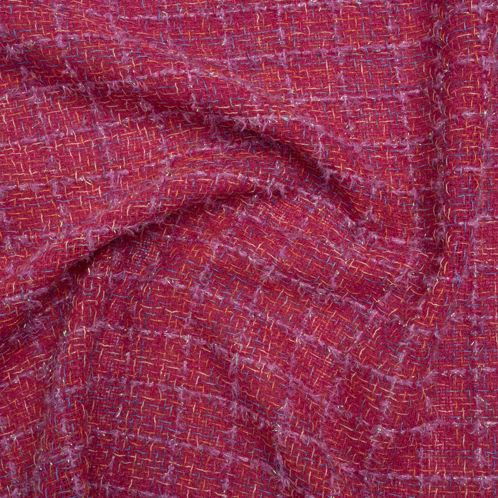 Metallic Wool Blend Tweed Woven with Eyelash Fringe Made in Italy - Pink, Orchid and Iridescent Checks - Deadstock - Joann Fabrics