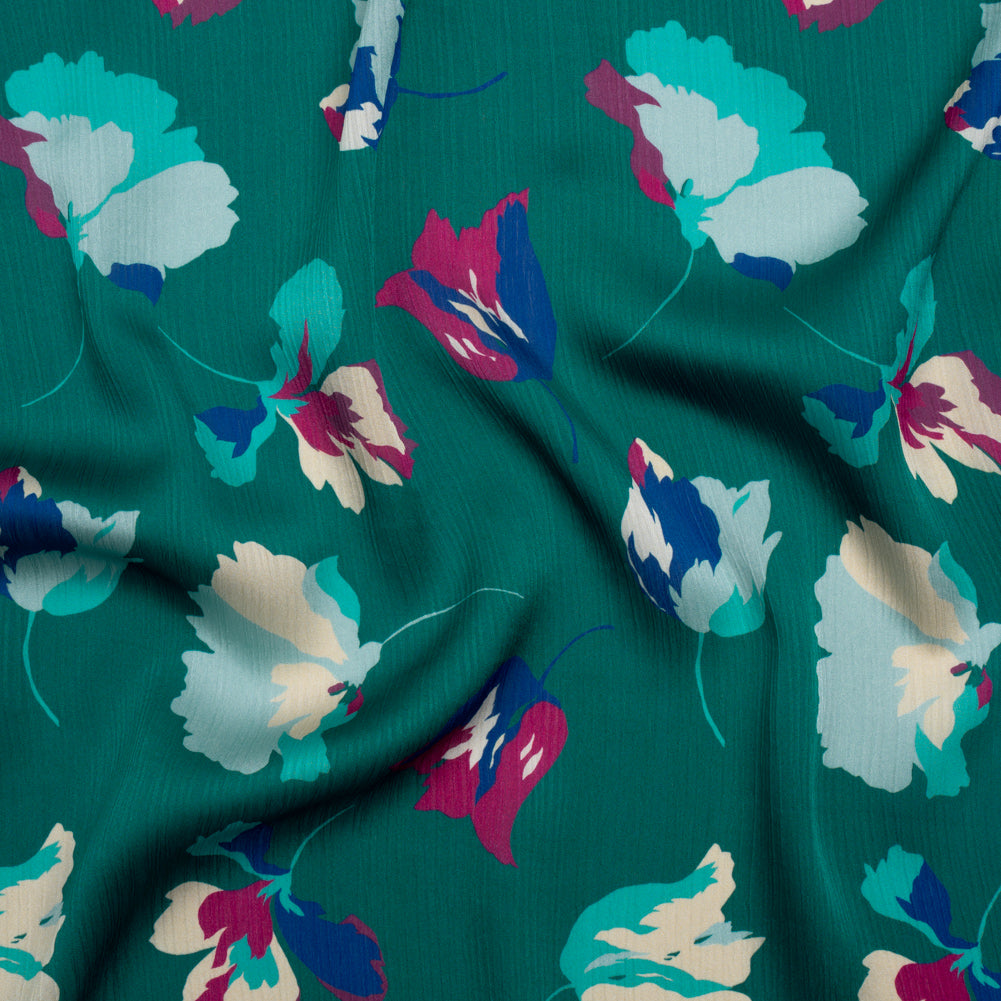 Crinkled Polyester Charmeuse - Teal, Blue and Magenta Floral - Made in Italy - Joann Fabrics