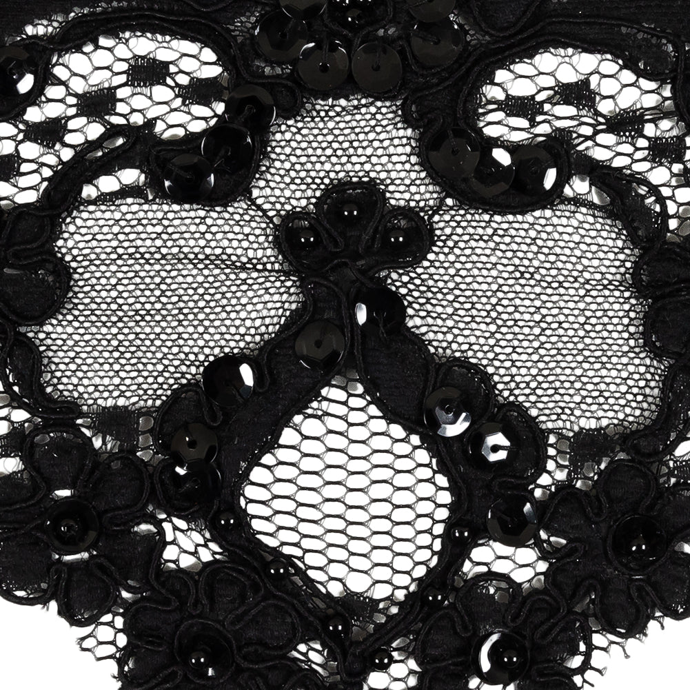Black Floral Pennants Sequined Corded Lace Trim - 5.5