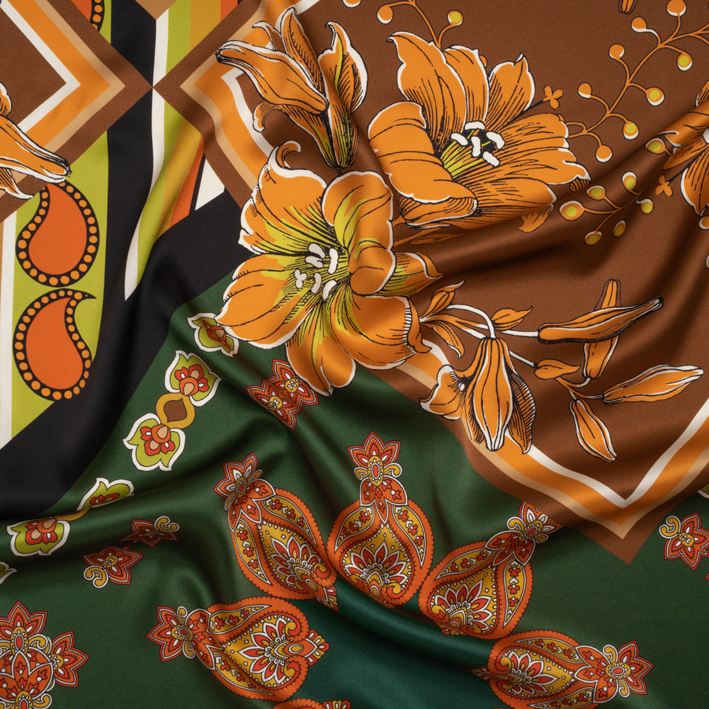 Silk Charmeuse Print 16MM, Made in Italy - Green, Brown and Orange Patchwork Squares with Flowers and Stripes - Joann Fabrics
