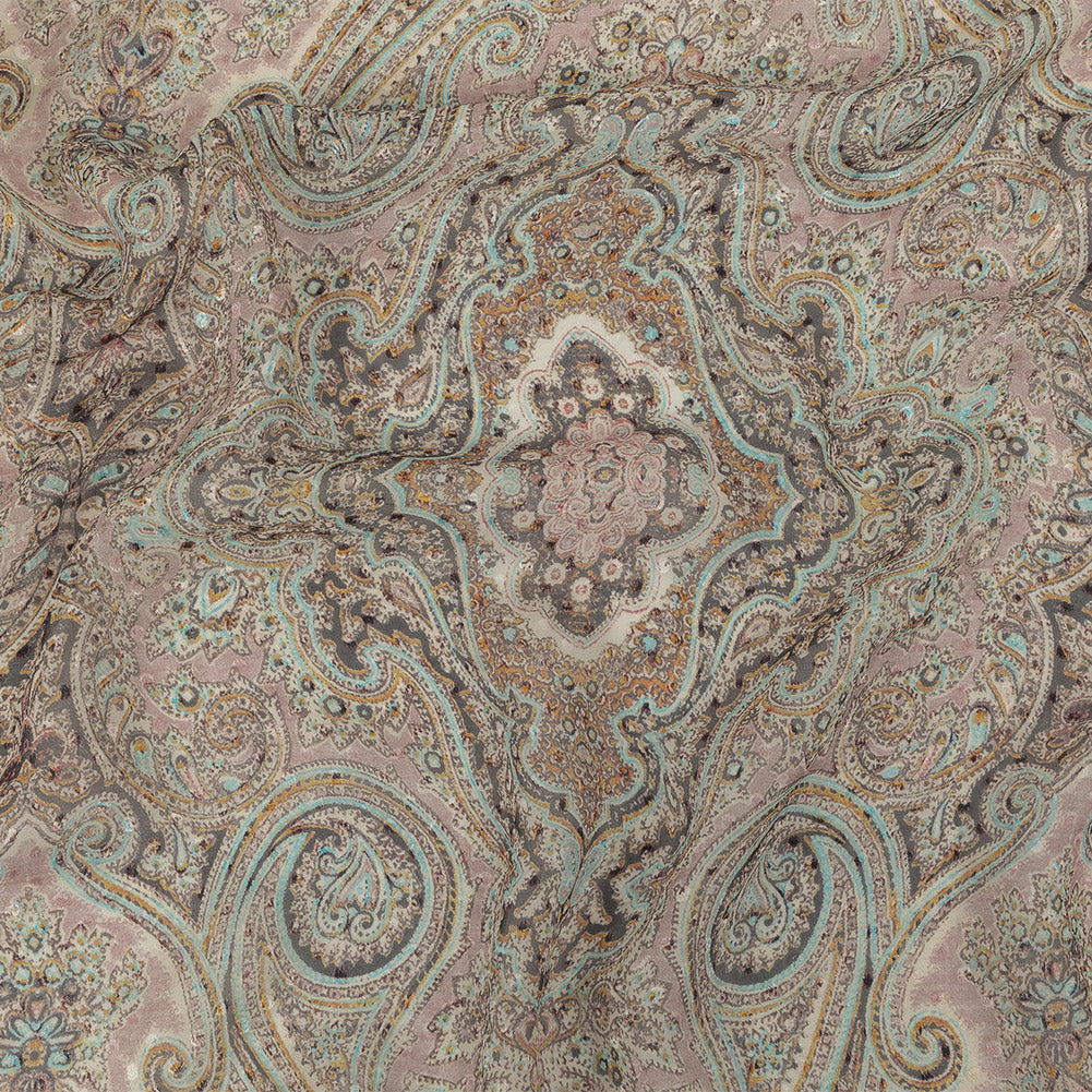 Famous Australian Designer Lotus, Gamboge and Baby Blue Paisley Printed Silk Georgette with Satin Polka Dots - Joann Fabrics